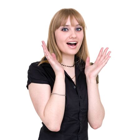 portrait of surprised young lady isolated on whiteの写真素材