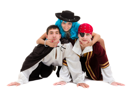 dancer team wearing Halloween carnival costumes dancing against isolated white in full bodyの写真素材