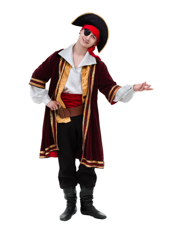 man wearing a pirate costume posing with holding gesture, isolated on whiteの写真素材