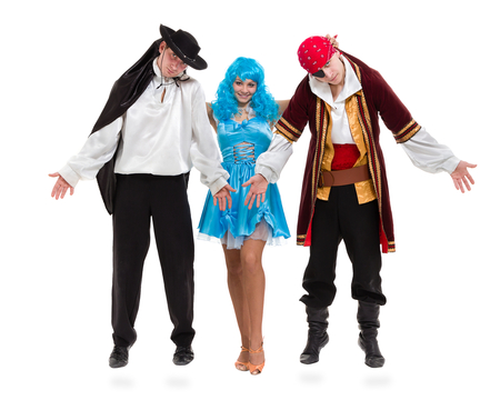 dancer team wearing Halloween carnival costumes dancing against isolated white in full bodyの写真素材
