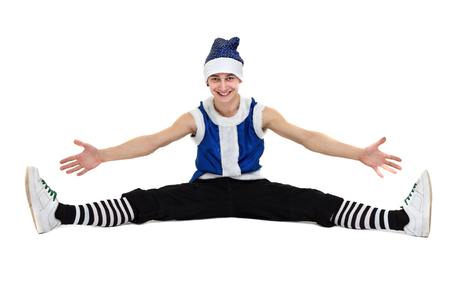 man wearing a bunny costume posing against isolated white background in full lengthの写真素材