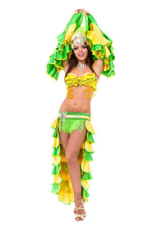 one caucasian woman samba dancer dancing isolated on white in full lengthの写真素材