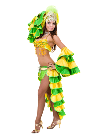 one caucasian woman samba dancer dancing isolated on white in full lengthの写真素材