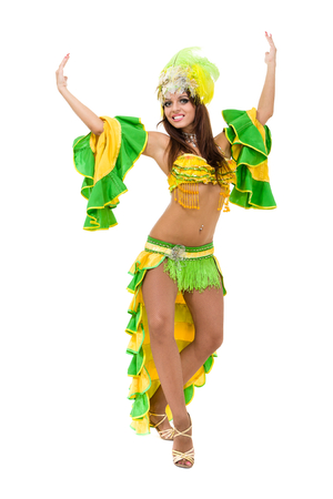 one caucasian woman samba dancer dancing isolated on white in full lengthの写真素材