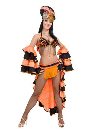 one caucasian woman samba dancer dancing isolated on white in full lengthの写真素材