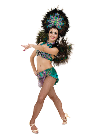 one caucasian woman samba dancer dancing isolated on white in full lengthの写真素材
