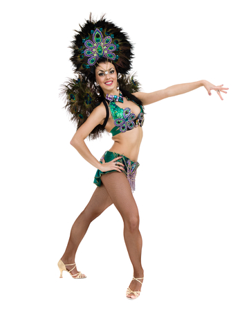 one caucasian woman samba dancer dancing isolated on white in full lengthの写真素材