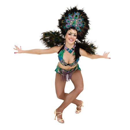 one caucasian woman samba dancer dancing isolated on white in full lengthの写真素材