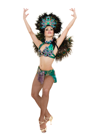 one caucasian woman samba dancer dancing isolated on white in full lengthの写真素材
