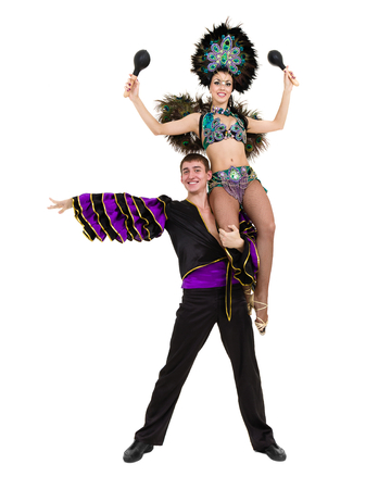 Gypsy flamenco dancer couple dancing against isolated white backgroundの写真素材