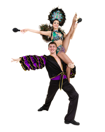 Gypsy flamenco dancer couple dancing against isolated white backgroundの写真素材