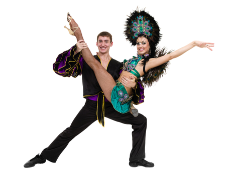 Gypsy flamenco dancer couple dancing against isolated white backgroundの写真素材