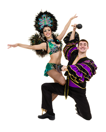 Gypsy flamenco dancer couple dancing against isolated white background