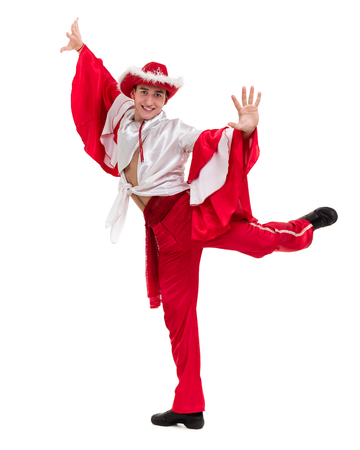 Dancing man wearing a toreador costume. Isolated on white background.の写真素材