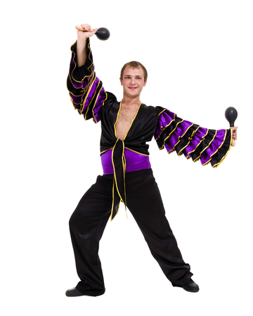 one caucasian man samba dancer dancing isolated on white backgroundの写真素材