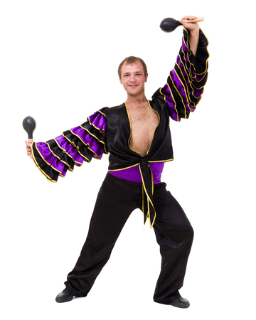 one caucasian man samba dancer dancing isolated on white backgroundの写真素材