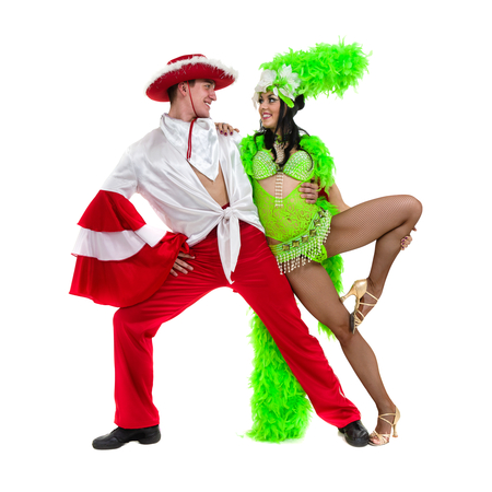 Gypsy flamenco dancer couple dancing against isolated white backgroundの写真素材