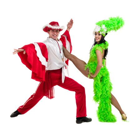 Gypsy flamenco dancer couple dancing against isolated white backgroundの写真素材