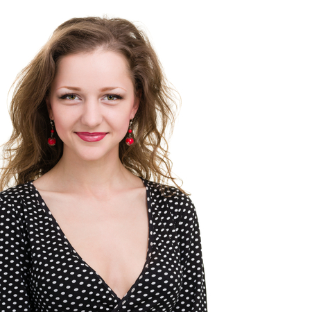 happy woman smiling portrait isolated over a whiteの写真素材