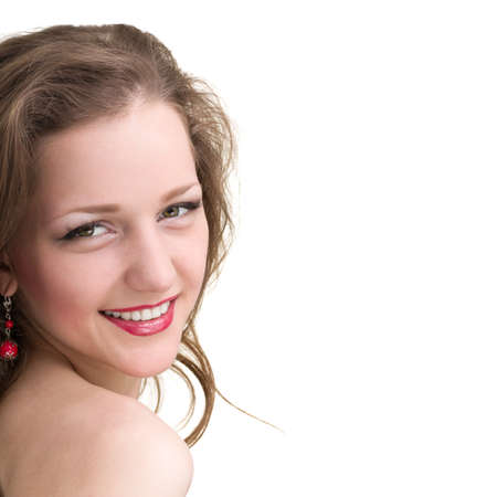 happy woman smiling portrait isolated over a whiteの写真素材