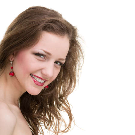 happy woman smiling portrait isolated over a whiteの写真素材