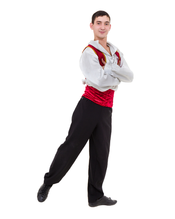 Dancing man wearing a toreador costume. Isolated on white in full length.の写真素材