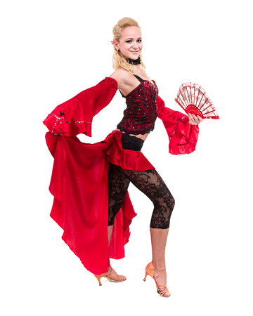 young woman dancing, isolated in full body on whiteの写真素材