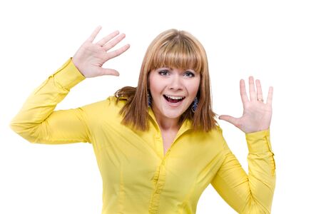 Closeup portrait of surprised young lady isolated on white with copyspaceの写真素材