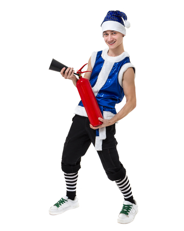 Christmas man in blue santa clothes with fire extinguisherの写真素材