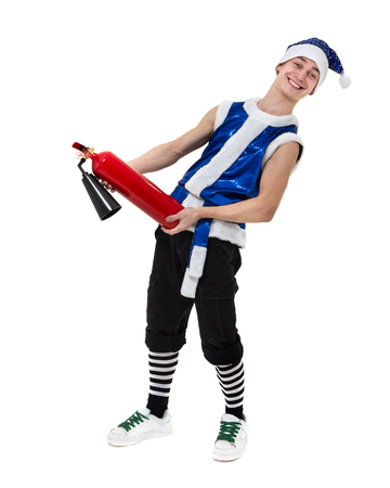Christmas man in blue santa clothes with fire extinguisherの写真素材