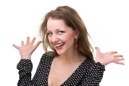 Closeup portrait of surprised young lady isolated on white with copyspaceの写真素材