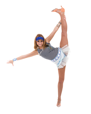 young woman dancing, isolated in full body on whiteの写真素材