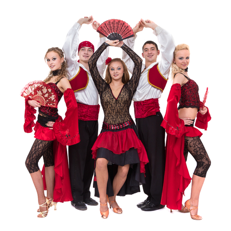 flamenko dancer team dancing isolated on white backgroundの写真素材