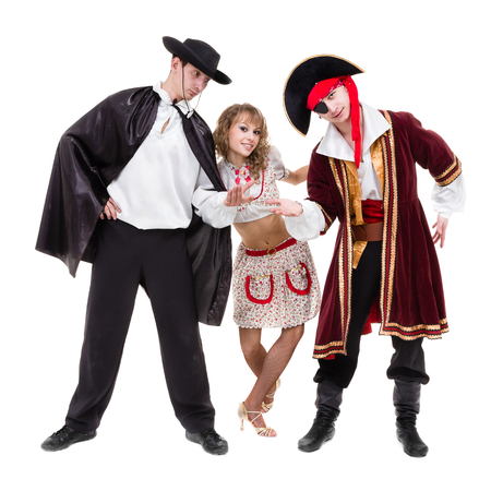 dancer team wearing Halloween carnival costumes dancing against isolated white in full bodyの写真素材