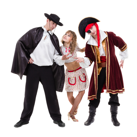dancer team wearing Halloween carnival costumes dancing against isolated white in full bodyの写真素材