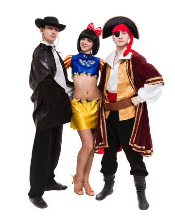 dancer team wearing Halloween carnival costumes dancing against isolated white in full bodyの写真素材