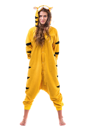 young woman in the tiger costume. Isolated on white background in full lengthの写真素材