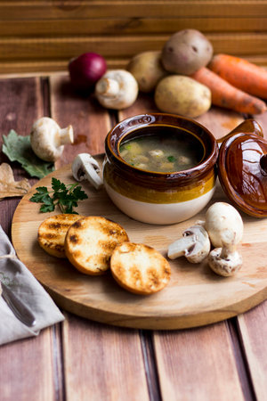 mushroom soup in a rustic styleの写真素材