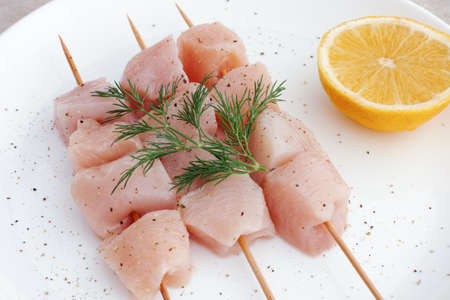 Raw chicken souvlaki with lemon, dill and pepper.の写真素材
