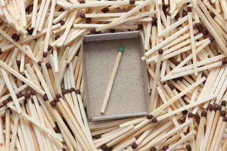 The green match has escaped. Green match in a matchbox surrounded with brown matches. Close-up.の写真素材