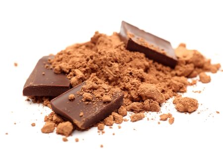 Pieces of chocolate in cocoa powder. SDOF. Close-up.の写真素材