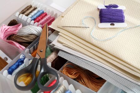 Preparations for embroidery Cross-Stitch. Close-up.