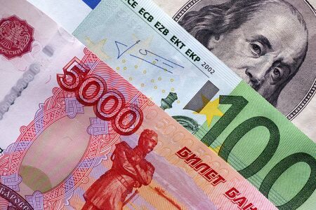 Five thousand rubles, One hundred euro, One hundred dollars. Closeup.の写真素材