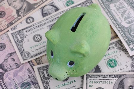 Green piggy bank and dollars. Close up.