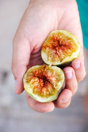 Two halves of fresh fig in woman hand. Close up.の写真素材