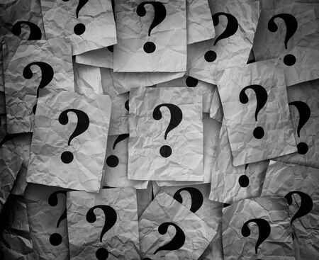 Too Many Questions. Pile of paper notes with questions. Black and white.