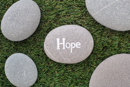 Hope. Bunch of stones lying on green grass. Close up.の写真素材