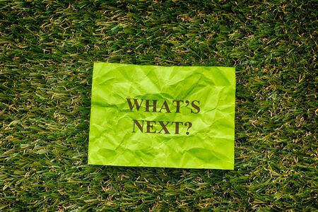 Green paper note saying What is next? Green grass background. Vignette.
