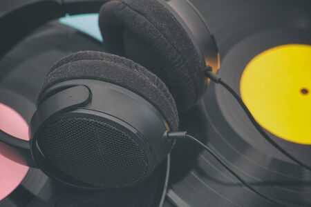Vinyl records and headphones. Close up.の写真素材