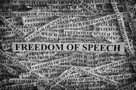Freedom of speech. Torn pieces of paper with the words Freedom of speech. Concept Image. Black and White. Closeup.の写真素材